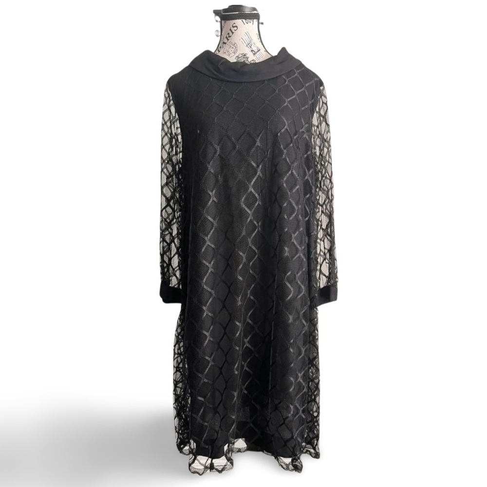True Vintage 70s Handmade Black Midi Mesh Dress Bow Back Dark Romantic